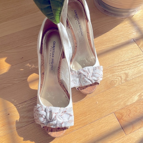 White lace open toe cork heels shoes 8.5 - Picture 2 of 13